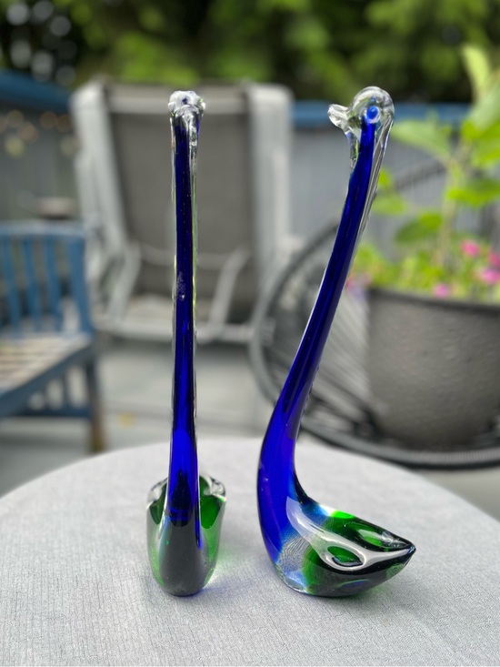 Other - Vintage Murano Style Glass Bird Figurines Pair Blue Green Sommerso